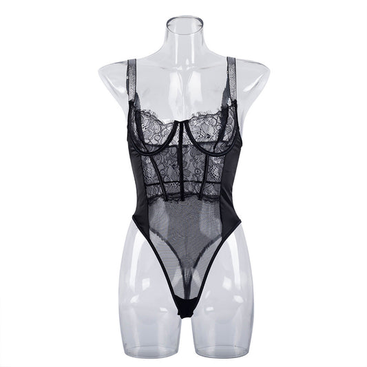 Elegant Black Lace Bodysuit with Ultra-Thin Mesh and Glitter - Wholesale Lingerie Front View