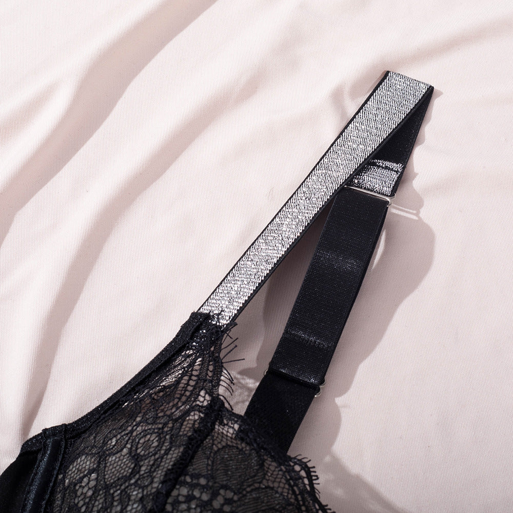 Elegant Black Lace Bodysuit with Ultra-Thin Mesh and Glitter - Wholesale Lingerie Strapy Details