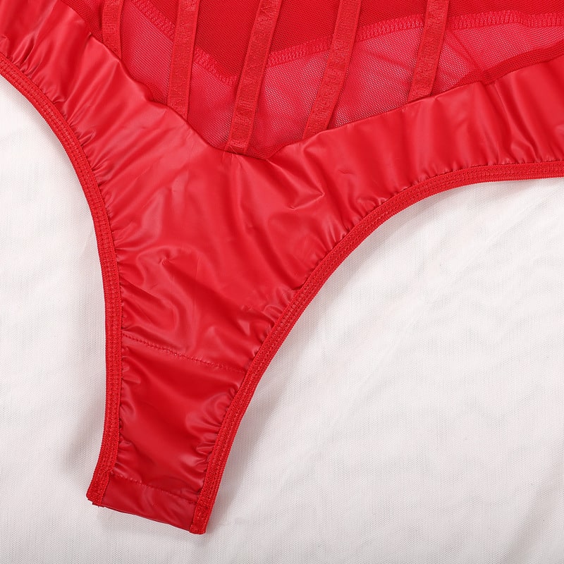 Red Perspective One-Piece Sheer Bodysuit Crotch Details