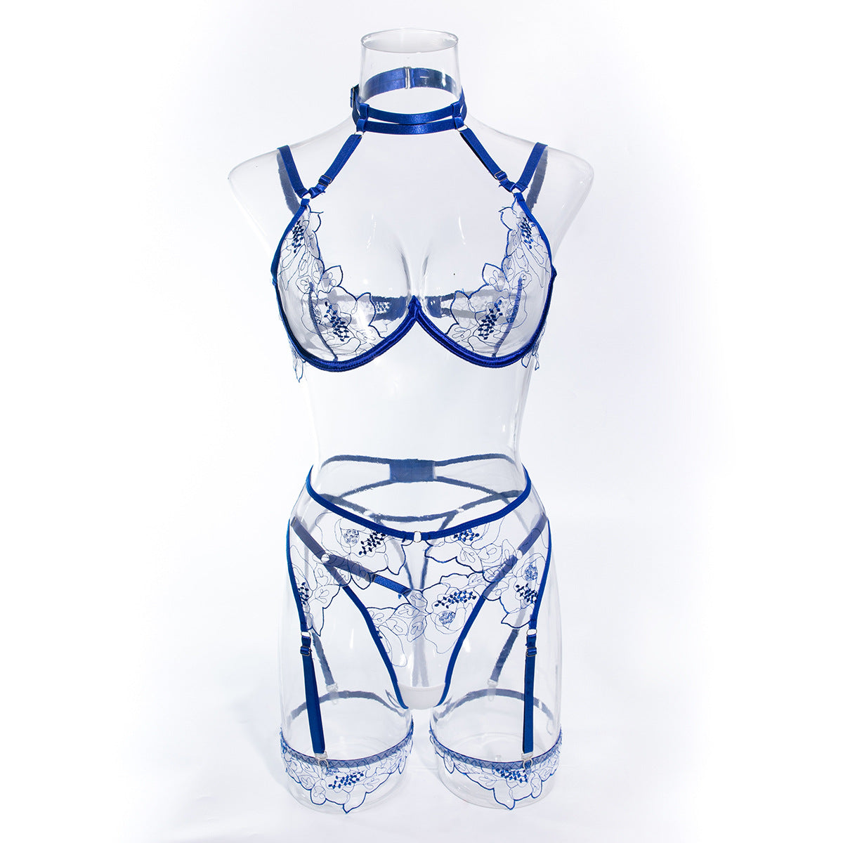 Wholesale Blue Stylish See Through Bra Panty Set with Embroidery Show