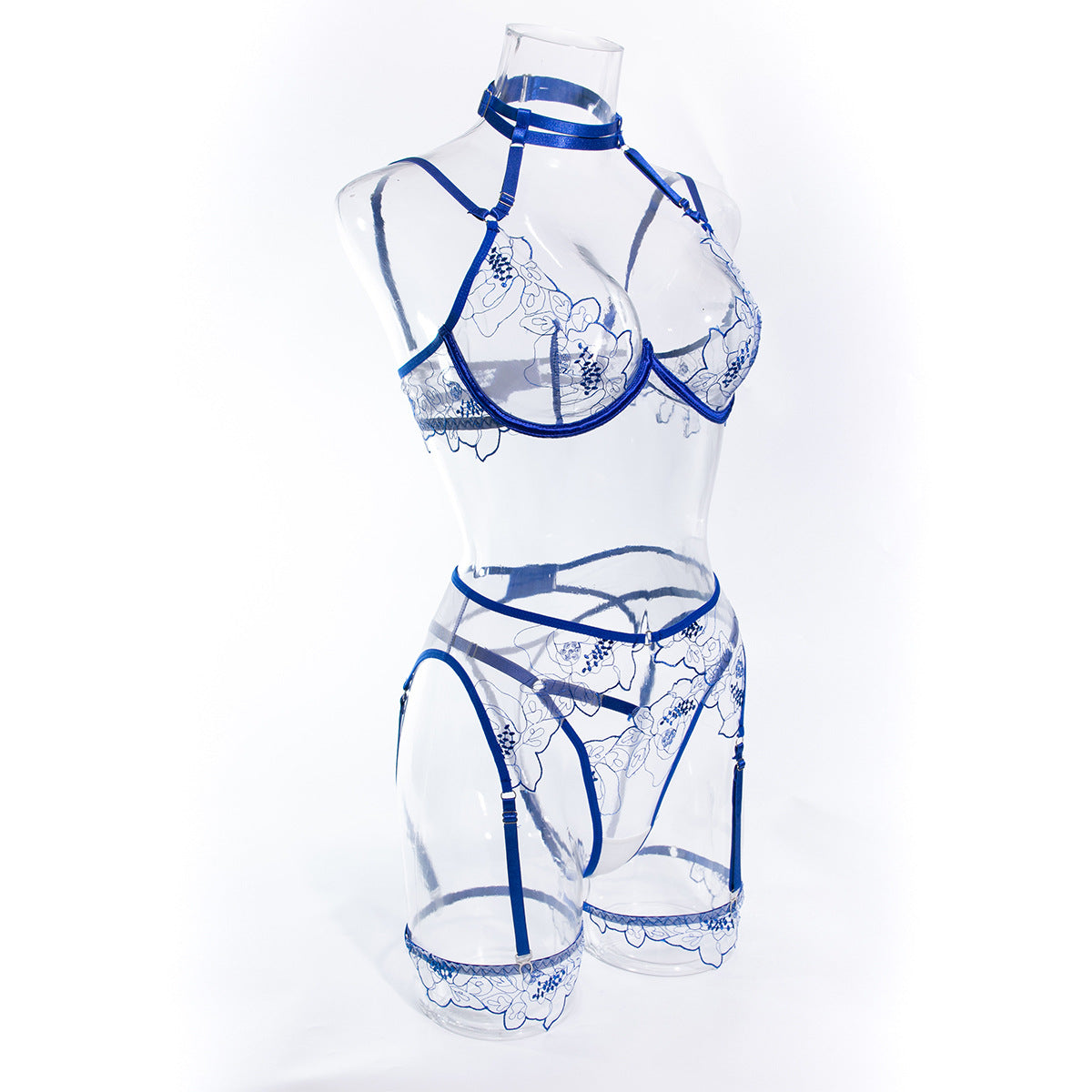 Wholesale Blue Stylish See Through Bra Panty Set with Embroidery Side Display