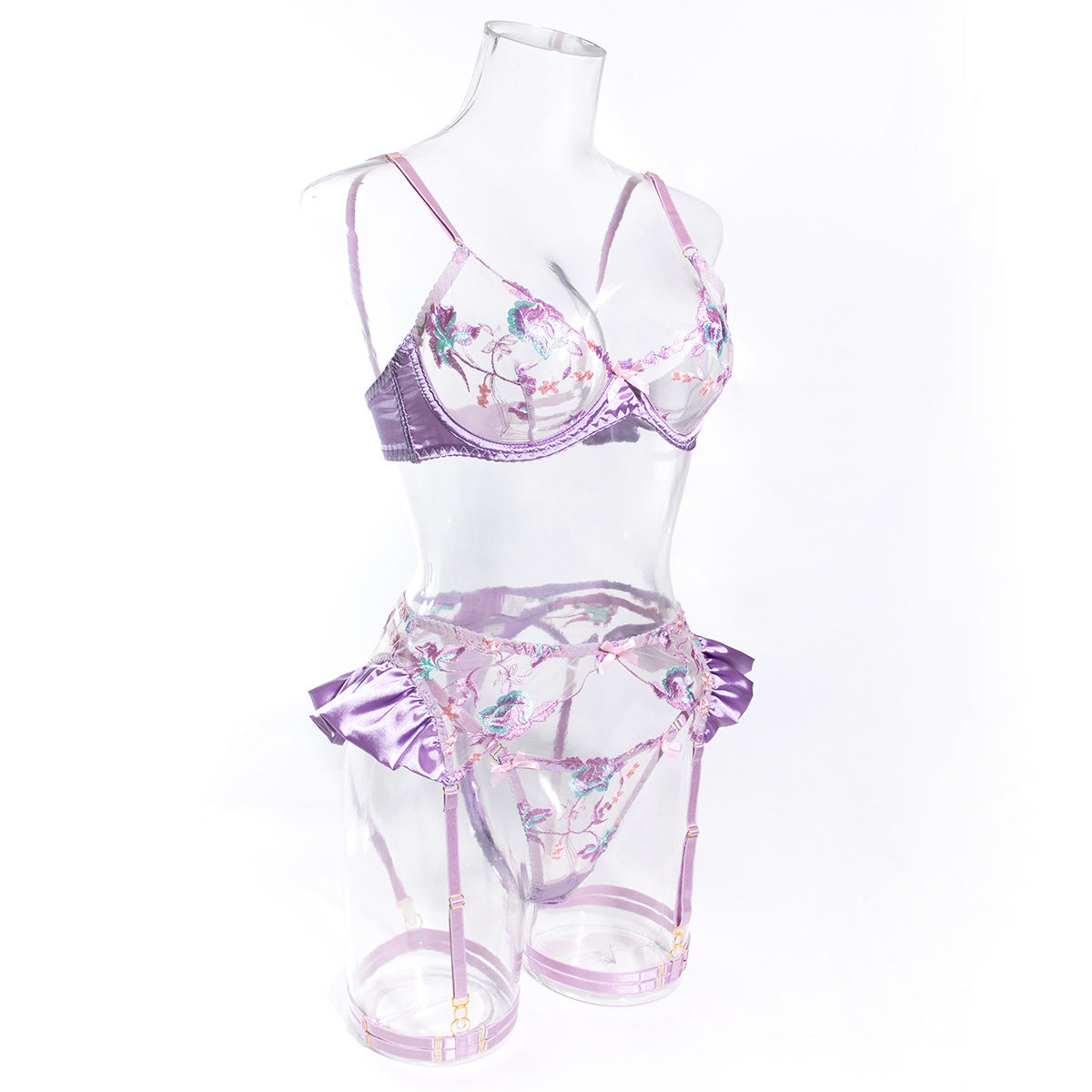 Wholesale Light Purple Floral Lace Garter Lingerie Set Side View