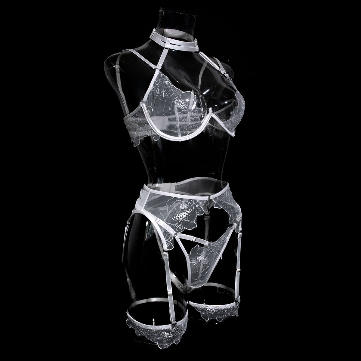 Wholesale White Stylish See Through Bra Panty Set with Embroidery SIde View