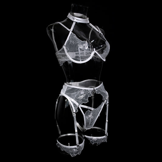 Wholesale White Stylish See Through Bra Panty Set with Embroidery SIde View