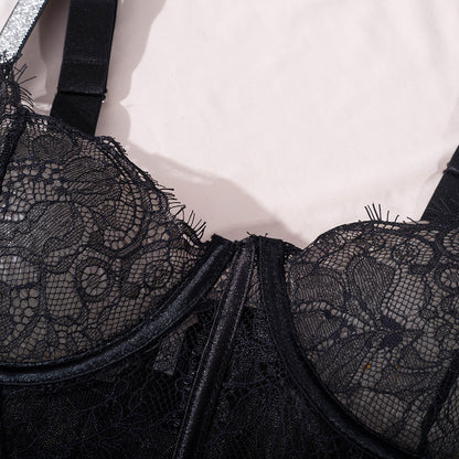 Elegant Black Lace Bodysuit with Ultra-Thin Mesh and Glitter - Wholesale Lingerie Bra details
