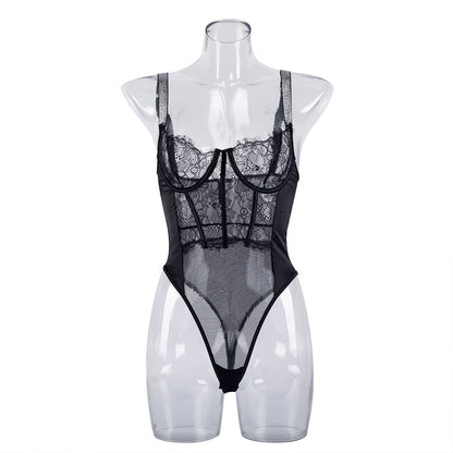 Elegant Black Lace Bodysuit with Ultra-Thin Mesh and Glitter - Wholesale Lingerie Front View