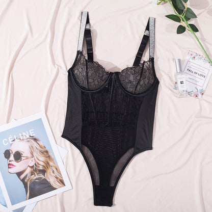 Elegant Black Lace Bodysuit with Ultra-Thin Mesh and Glitter - Wholesale Lingerie Over View