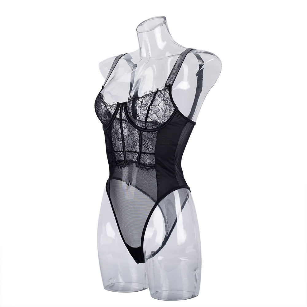 Elegant Black Lace Bodysuit with Ultra-Thin Mesh and Glitter - Wholesale Lingerie Side View