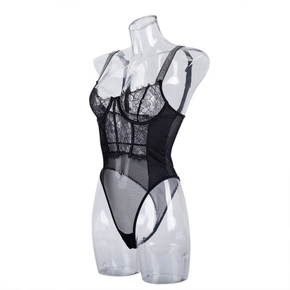 Elegant Black Lace Bodysuit with Ultra-Thin Mesh and Glitter - Wholesale Lingerie Side View