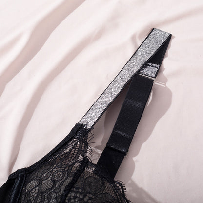 Elegant Black Lace Bodysuit with Ultra-Thin Mesh and Glitter - Wholesale Lingerie Strapy Details