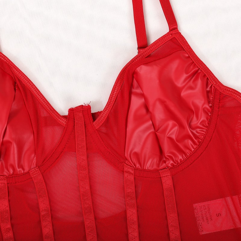 Red Perspective One-Piece Sheer Bodysuit Bra Details