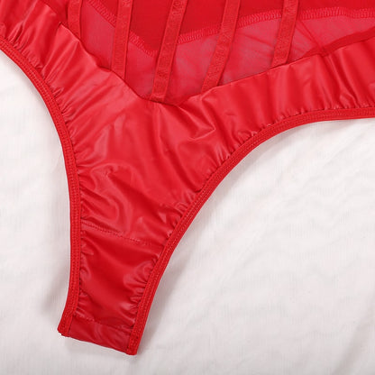 Red Perspective One-Piece Sheer Bodysuit Crotch Details