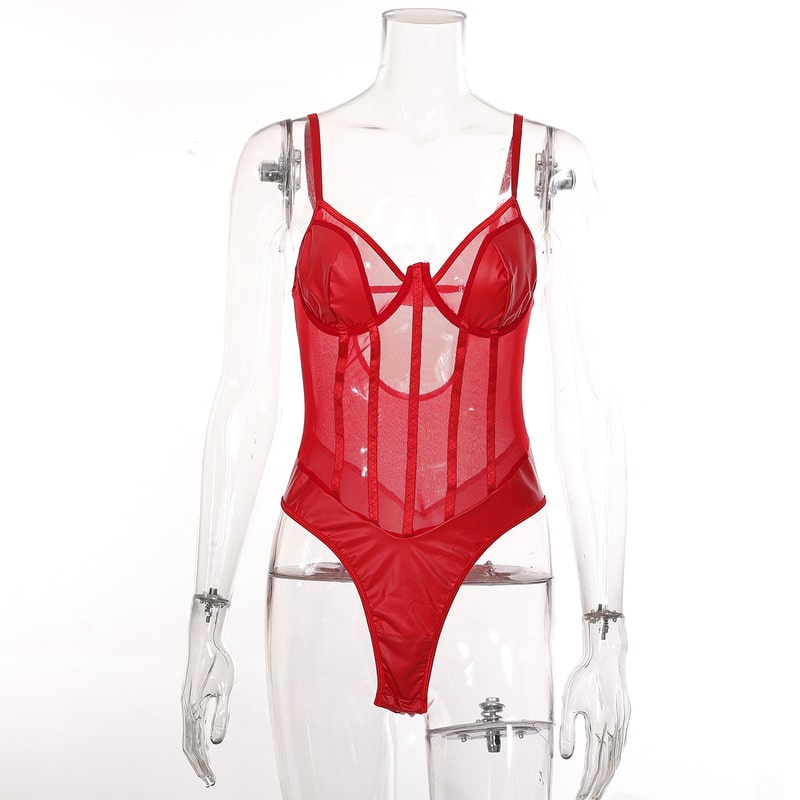 Red Perspective One-Piece Sheer Bodysuit Front view
