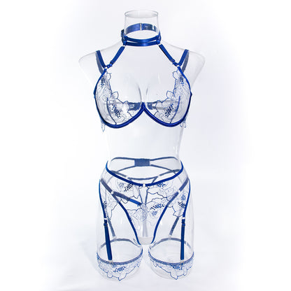 Wholesale Blue Stylish See Through Bra Panty Set with Embroidery Show