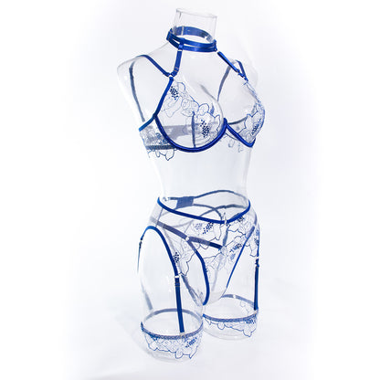 Wholesale Blue Stylish See Through Bra Panty Set with Embroidery Side Display