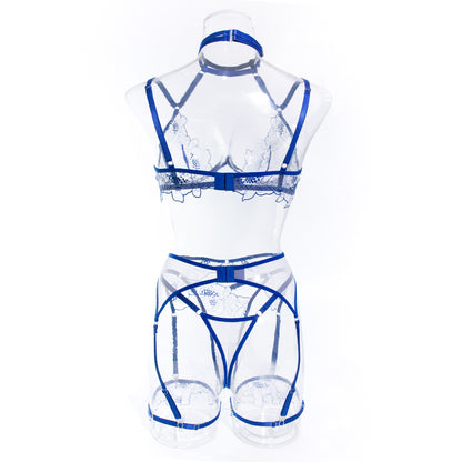 Wholesale Blue Stylish See Through Bra Panty Set with Embroidery. Back Display