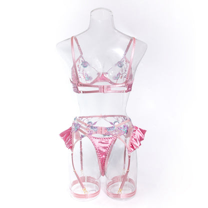 Wholesale Pink Floral Lace Garter Lingerie Set Back View
