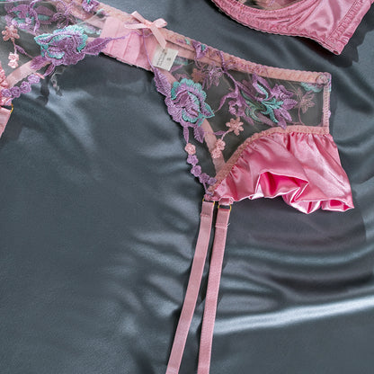 Wholesale Pink Floral Lace Garter Lingerie Set Waist Details